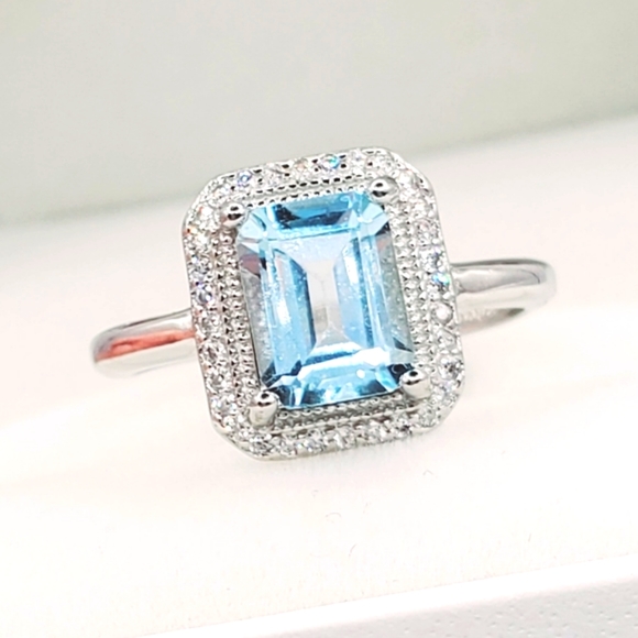 Jewelry - Natural Emerald Cut Sky Blue Topaz & Diamond 925 Sterling Silver Halo Ring